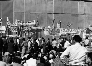 August 14-15, 1983 - banners, crosses and emblems from pilgrimages hung on a fence of the Jasna Góra Monastery.